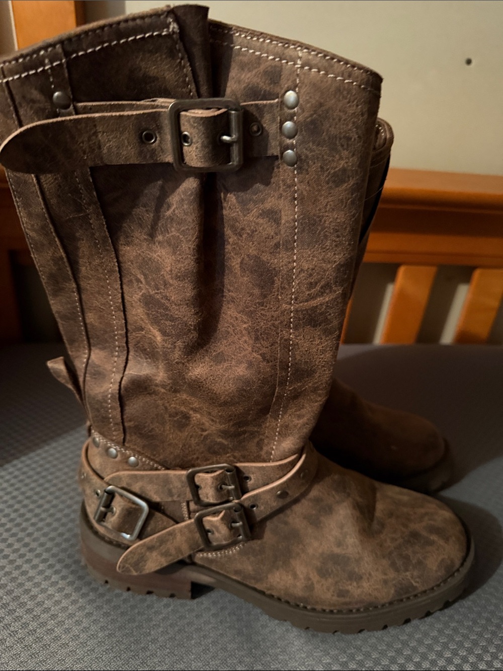 Very G Brown Distressed Moto Combat Boots with Buckle Straps